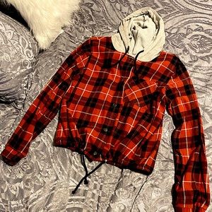 Cropped Plaid Button-Up Hooded Shirt